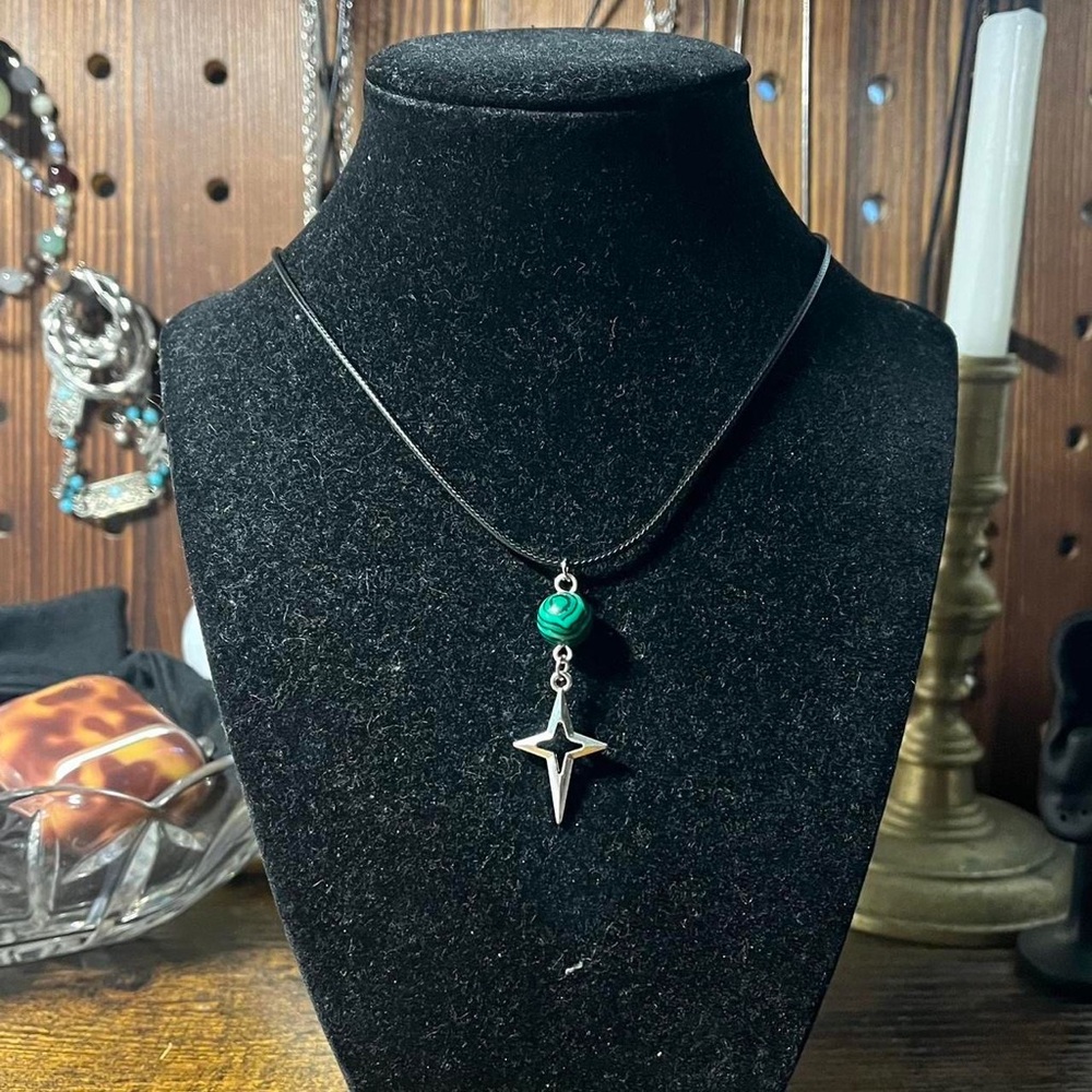 handmade y2k black fabric cord necklace green black swirl bead star pendant